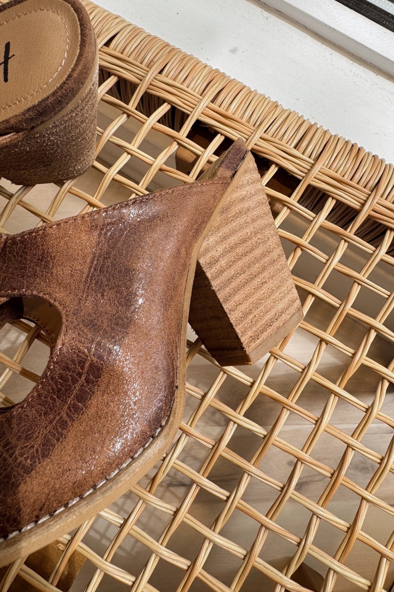 Hey Girl by Corkys Not Gonna Happen Cognac Mule- close up heel view