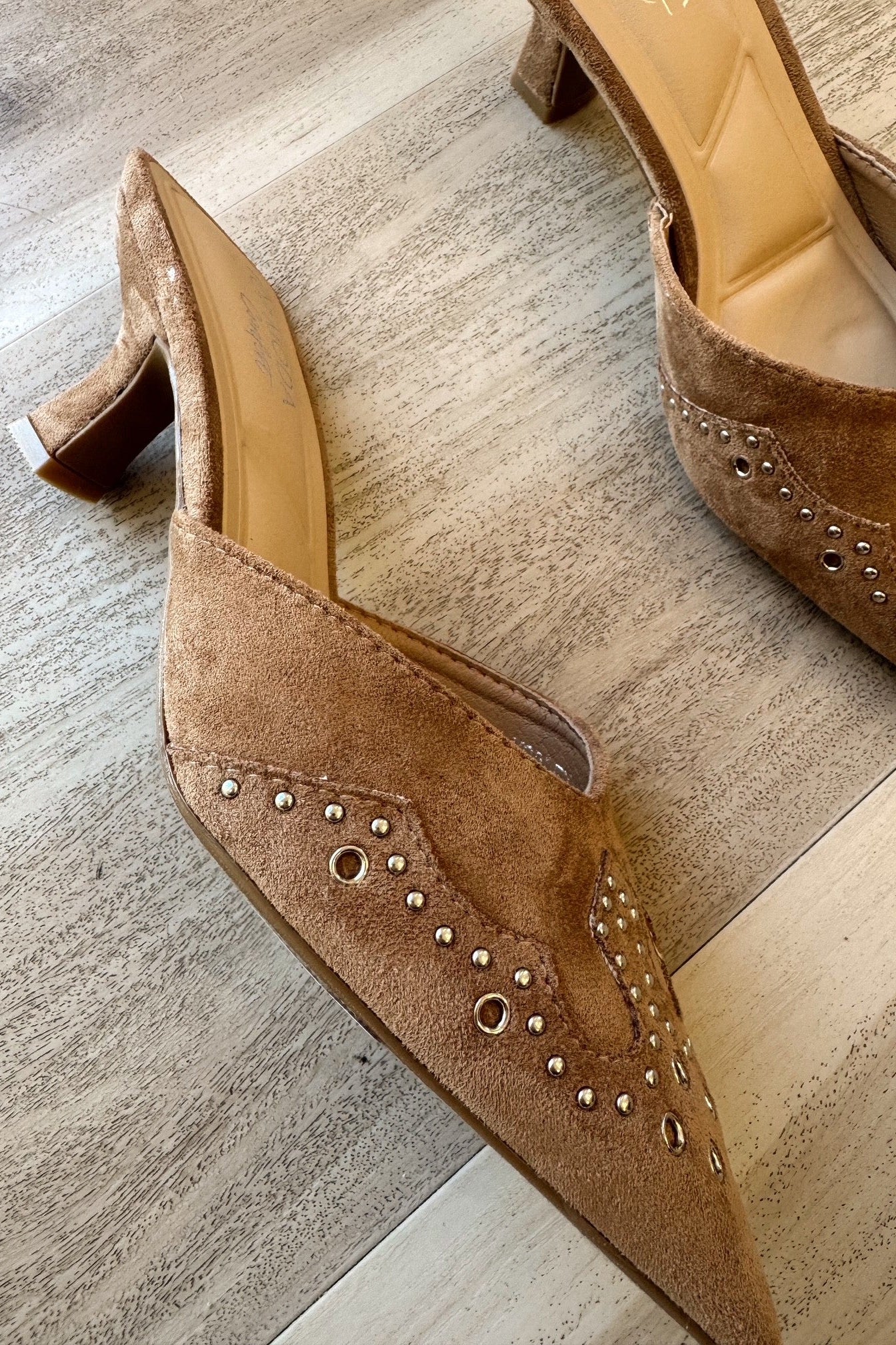 Morley Camel Suede Embellished Mule- close up side view