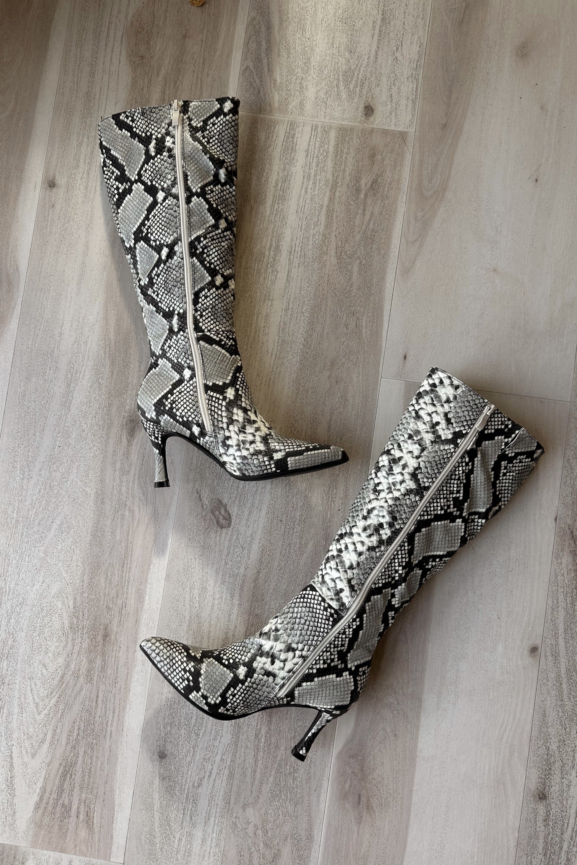 Kaylee Beige Snake Tall Boot- full flat lay view