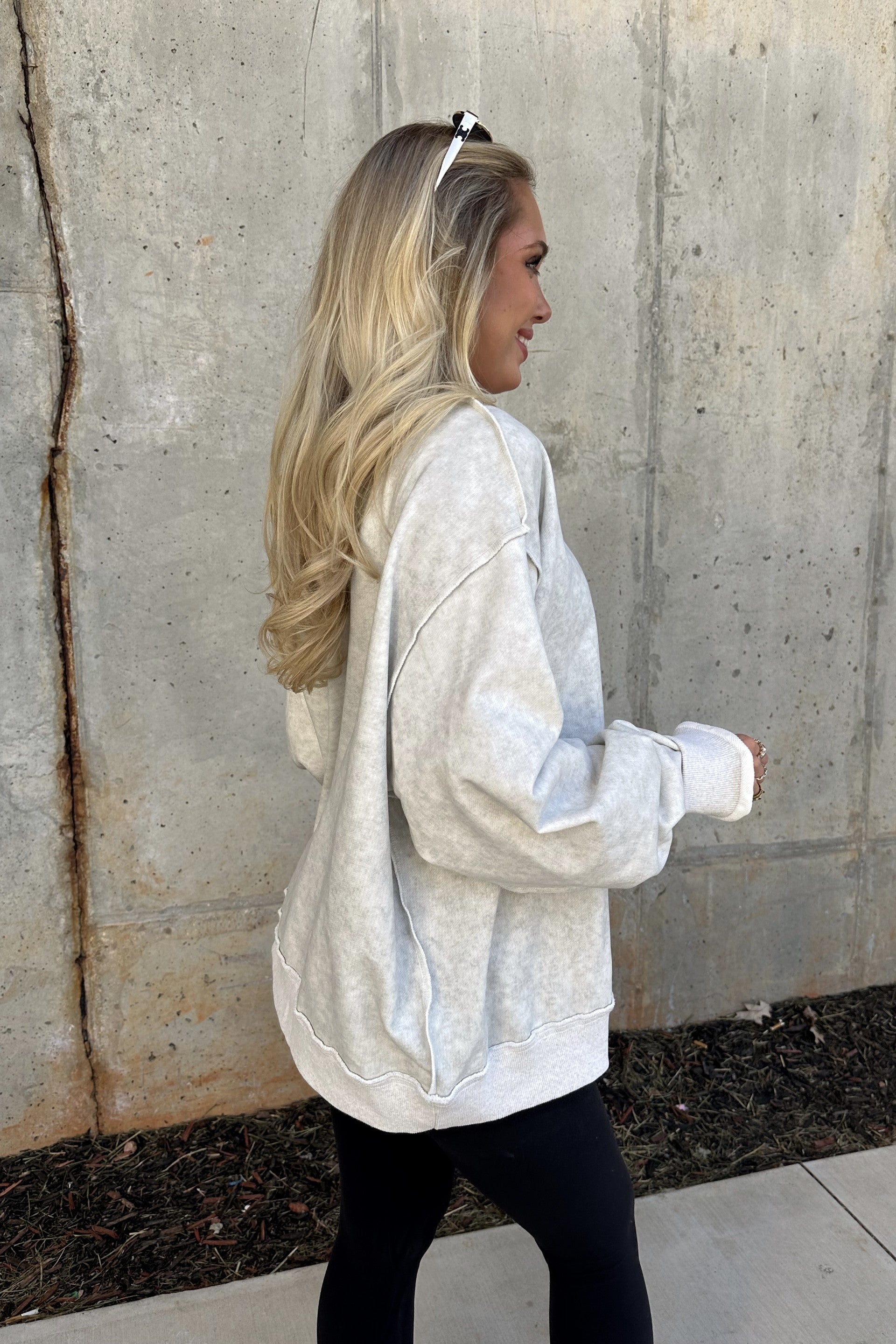 Hadley Ash Grey Mineral Wash Sweatshirt- close up side view