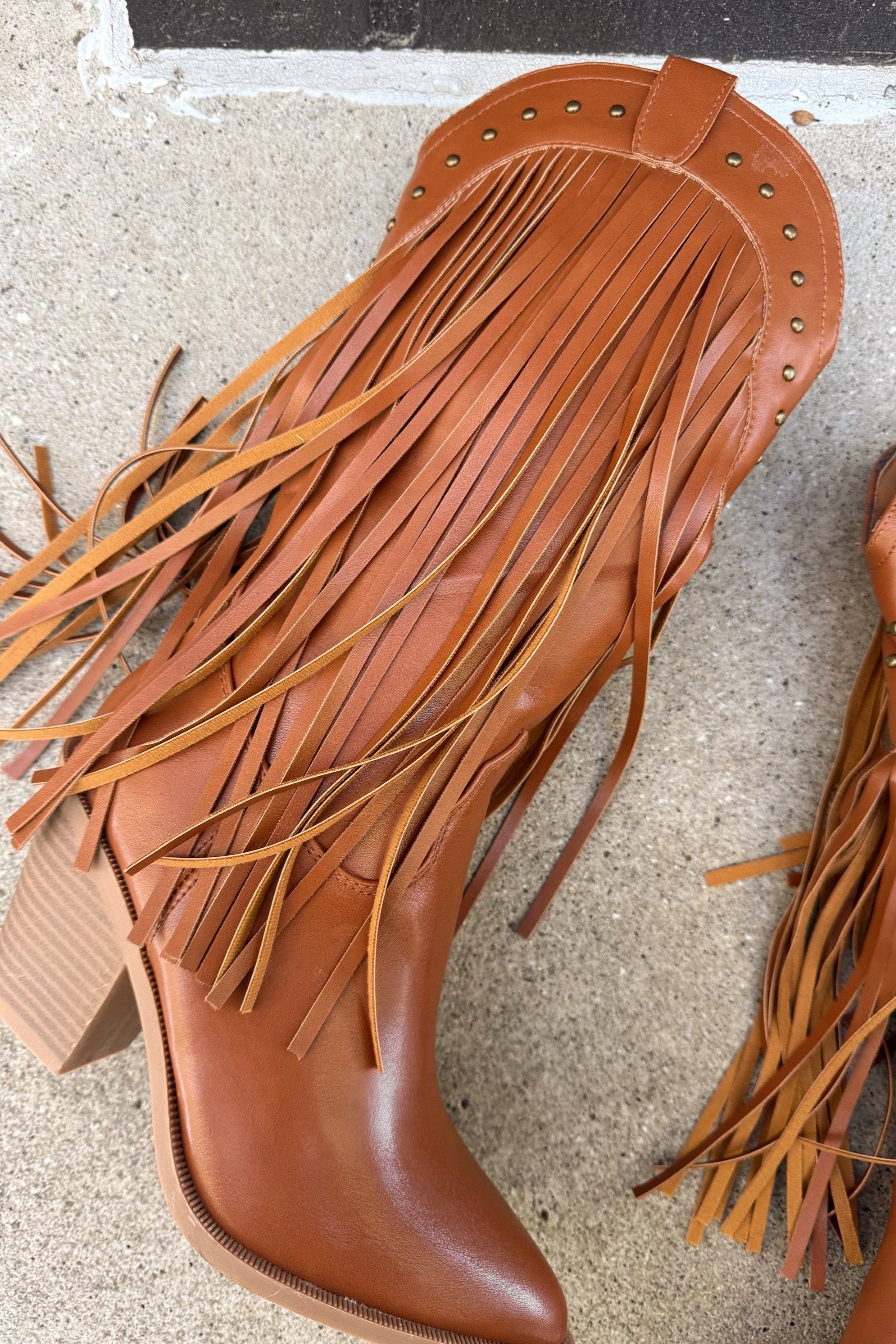 Aubrey Brown Fringe Western Tall Boot- close up side view