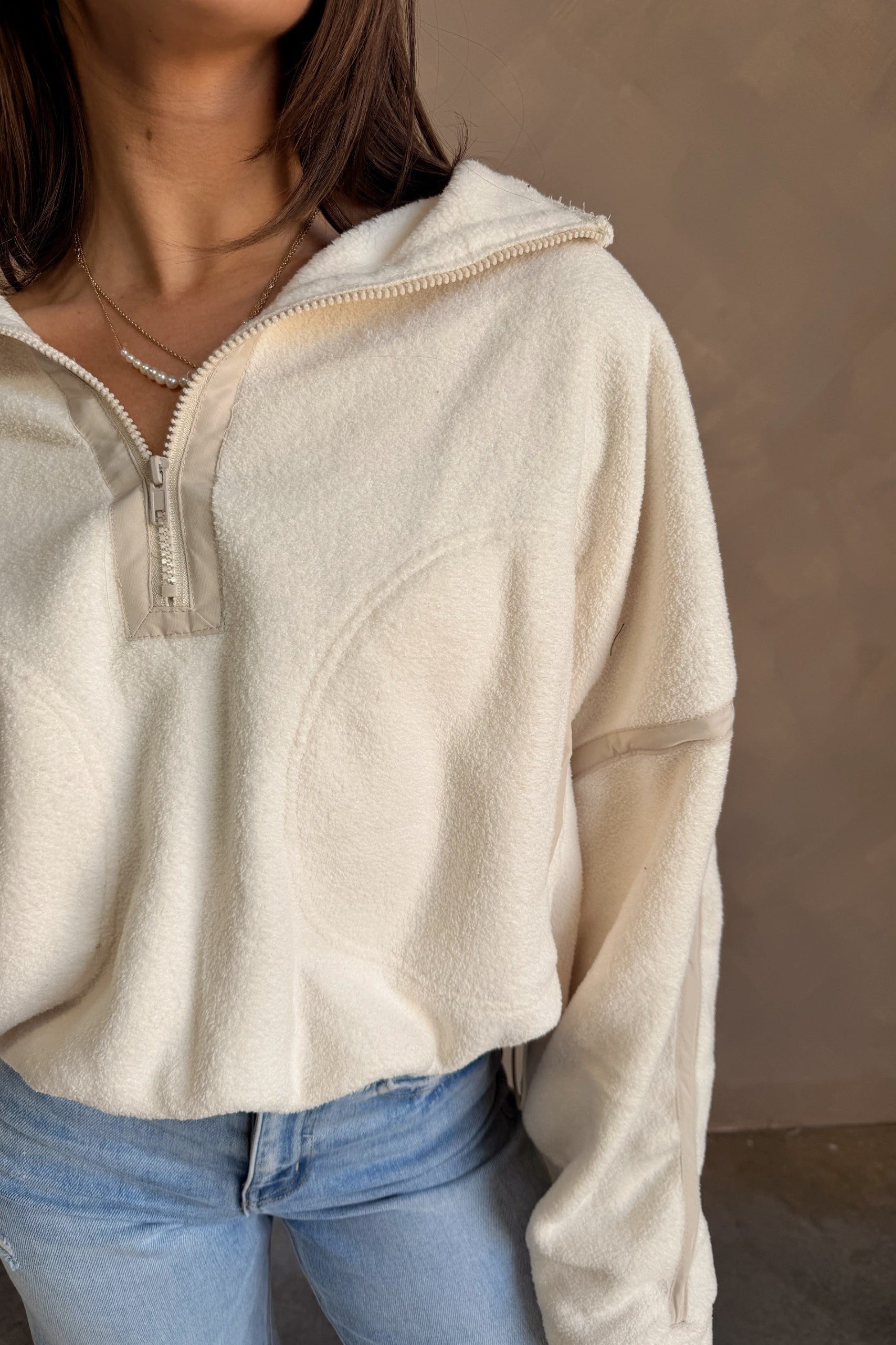 Gia Ivory & Beige Quarter Zip Pullover - close up front 