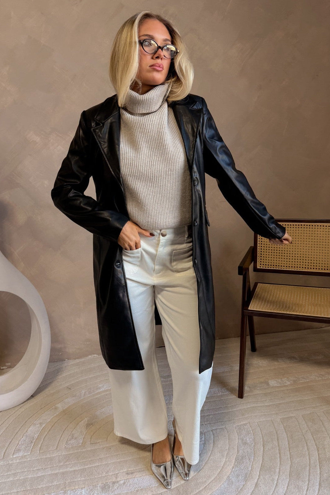 Freya Black Faux Leather Coat - full view