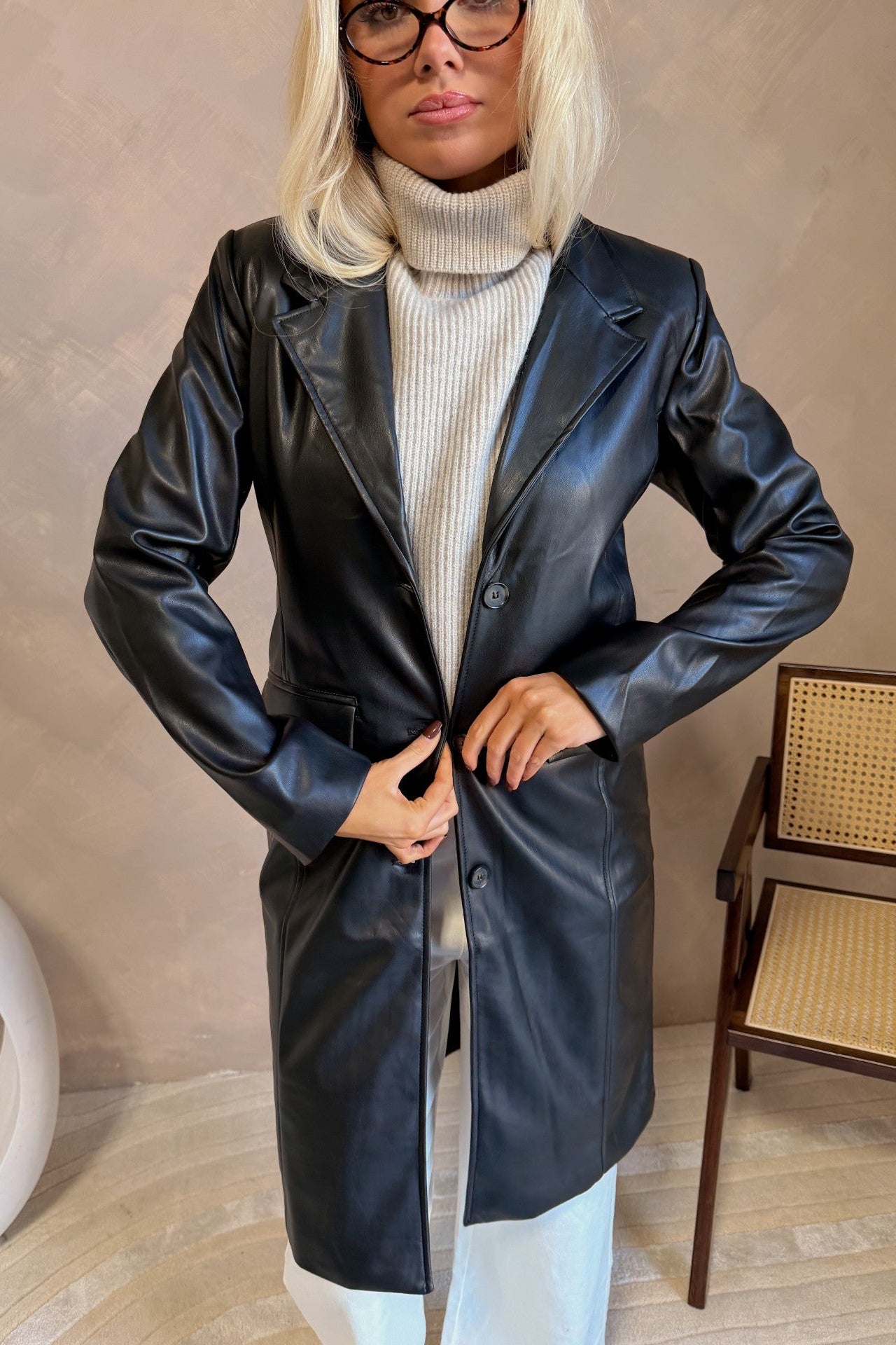 Freya Black Faux Leather Coat - close up front view