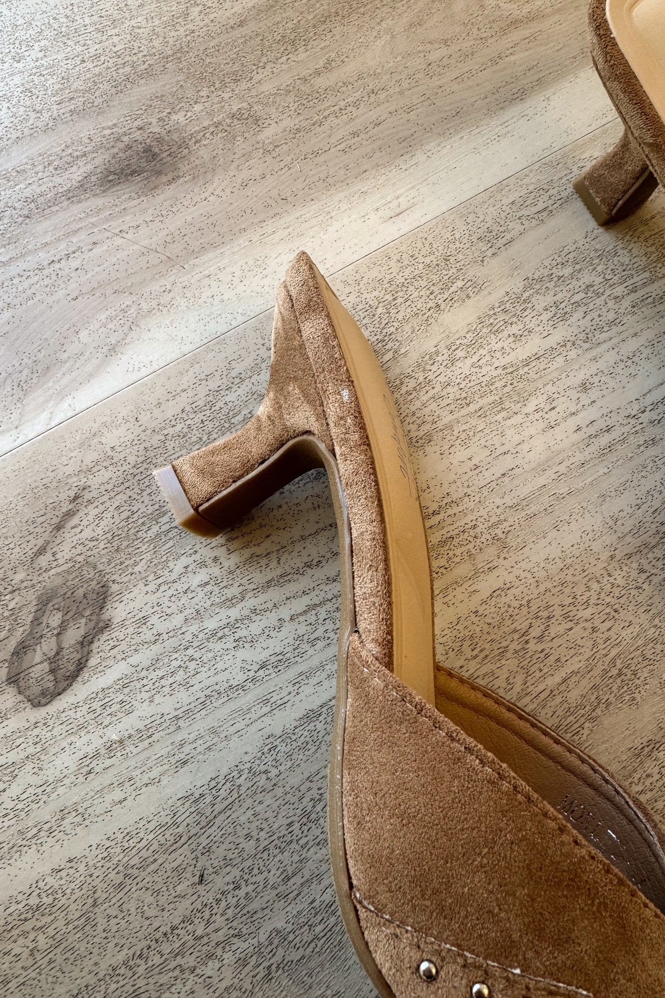 Morley Camel Suede Embellished Mule- close up heel view