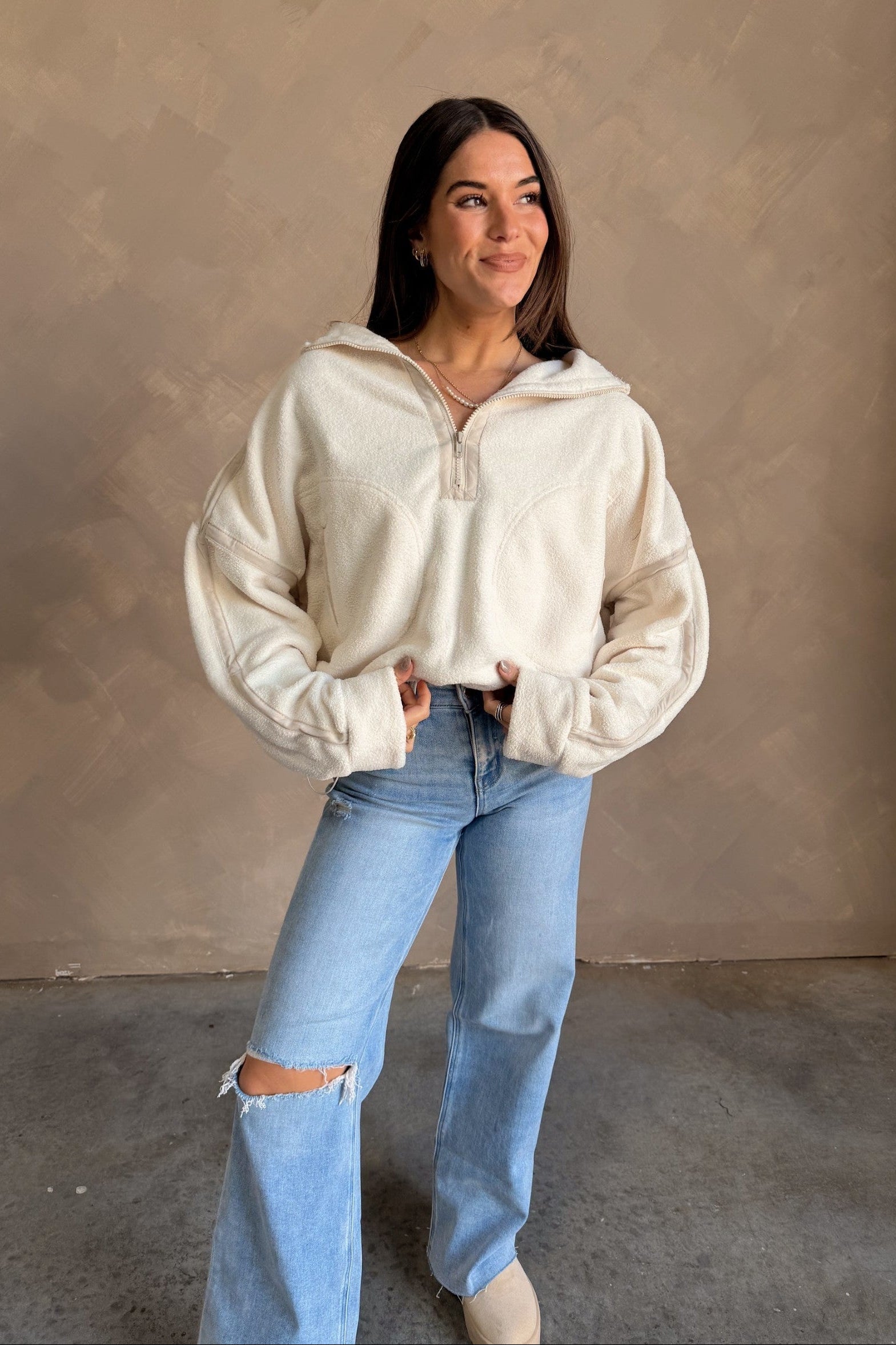 Gia Ivory & Beige Quarter Zip Pullover - full front view