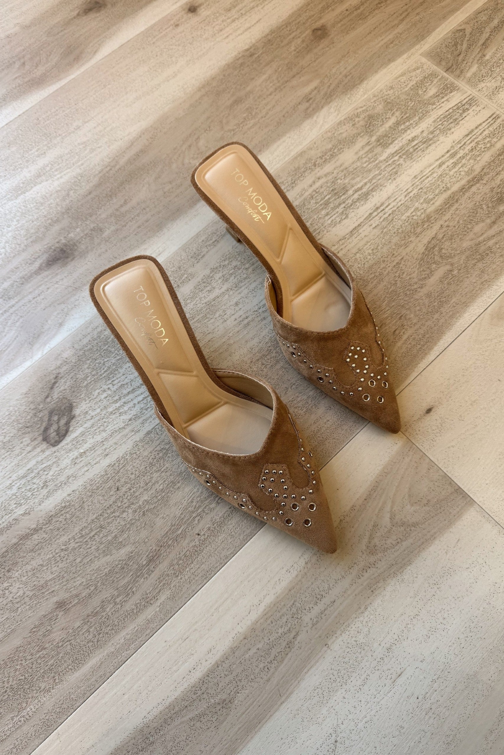 Morley Camel Suede Embellished Mule- top view
