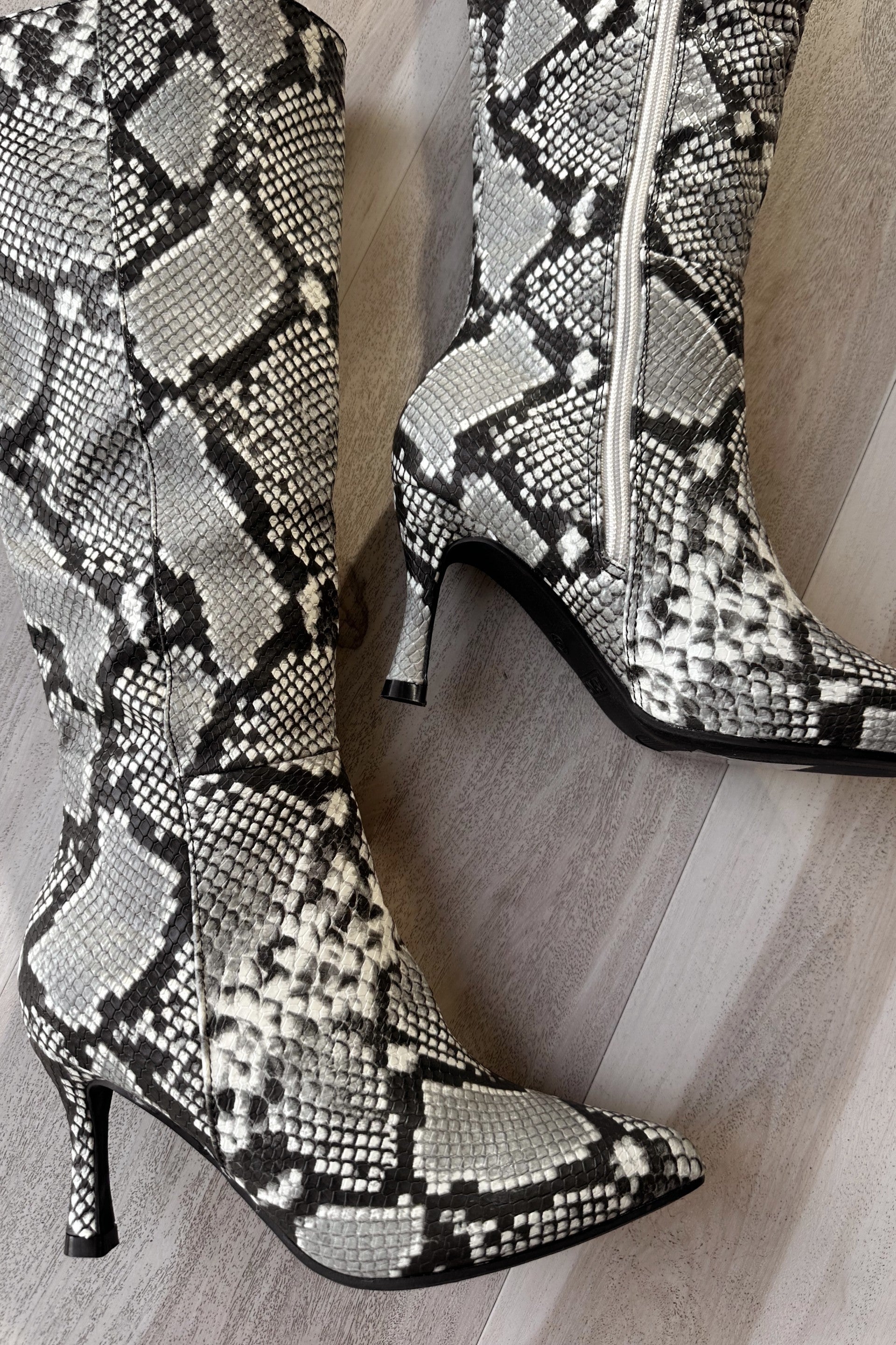 Kaylee Beige Snake Tall Boot- close up side view