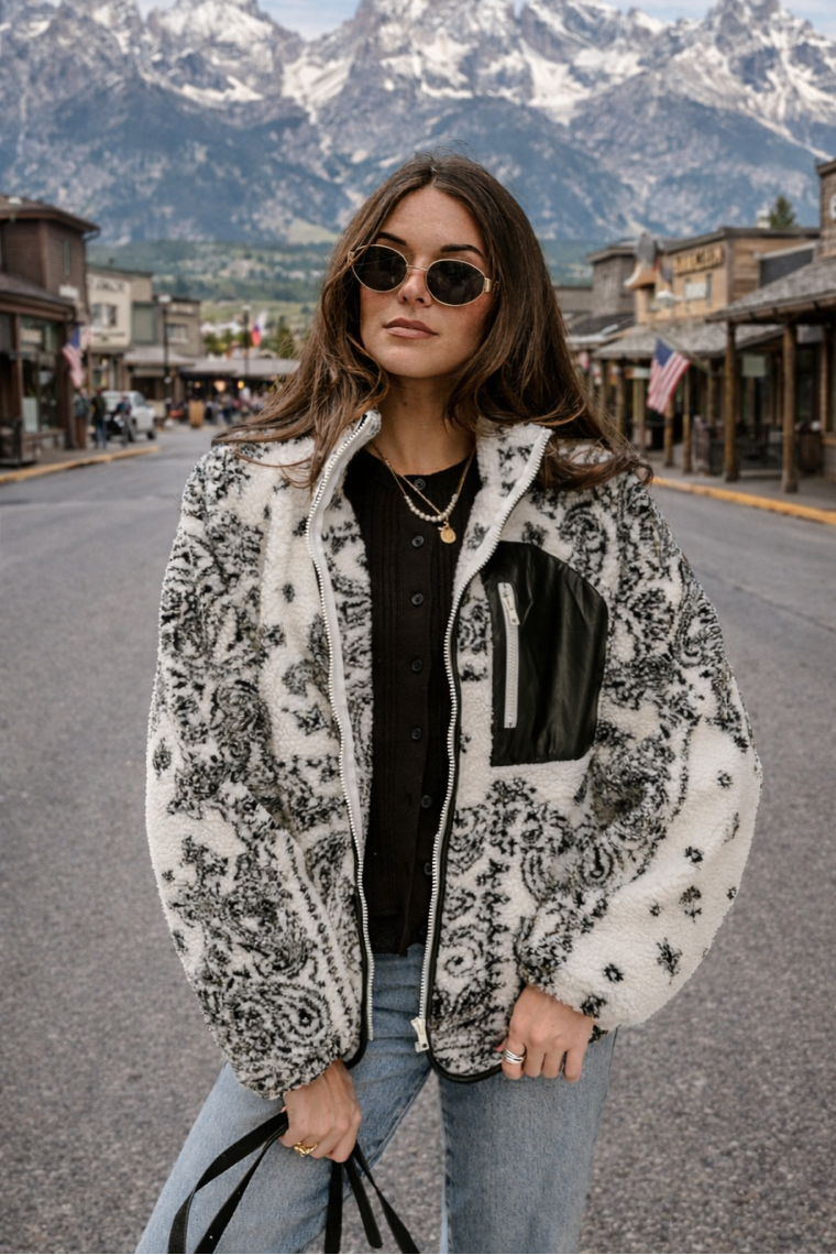 Avery Cream & Black Sherpa Paisley Jacket - Lizard Thicket