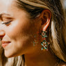 Close side view of model wearing the Merry And Bright Earrings that feature star-shaped pendants with green and multi-colored stones.