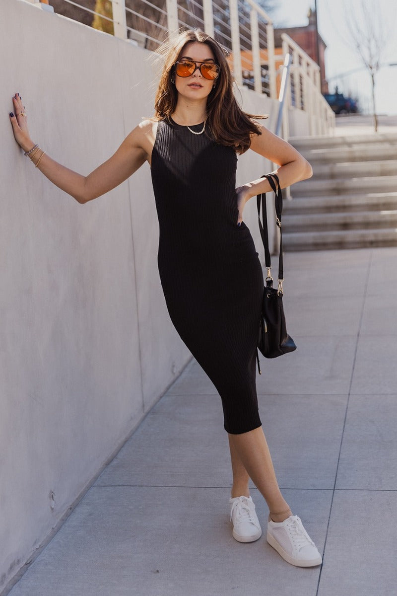 ribbed black dress Estella Keyhole Midi Hand Wash Cold Valerie Ribbed Knit Long Sleeve