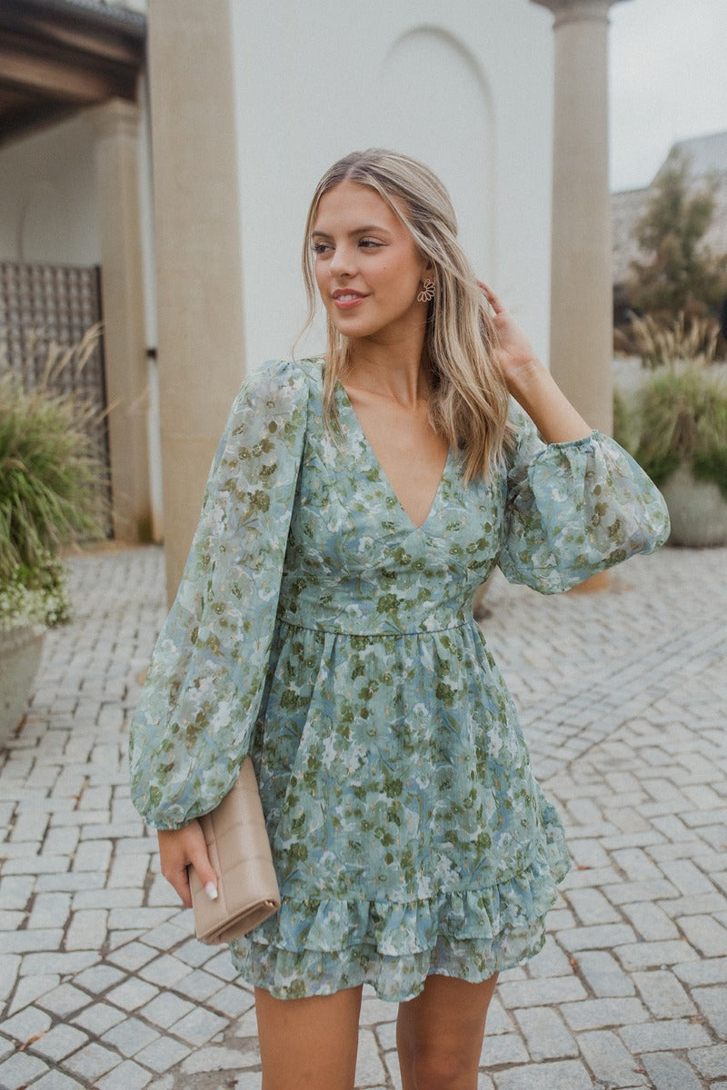 Multi-colored Floral Dress | Sage Green Balloon Sleeve Ruffled Dress
