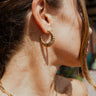 The Going For Gold Earring is a hoop style, featuring a gold coloring and a ridged/textured siding. 