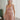 Frontal view of the Love Sick Mini Dress that features a rose gold shimmer material, a deep V neckline with a mesh lining, a sleeveless design with thick straps, a deep V back, a back zipper closure, and a mini length.