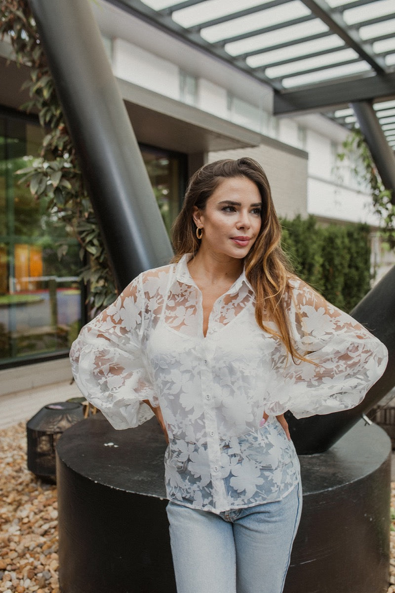 Lace Button Up Top – Sheer White Collared Blouse with Tank Liner Lizard Thicket