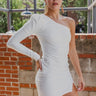 Frontal view of the Late Night Talk Dress that features white fabric, an asymmetrical neckline, a one shoulder long sleeve, a front slit, a side zipper closure, and a mini length.