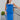 Frontal view of the Royalty Midi Dress that features a royal blue silk material, a sleeveless design with thin adjustable straps, a bustier design, a back zipper closure, and a midi length