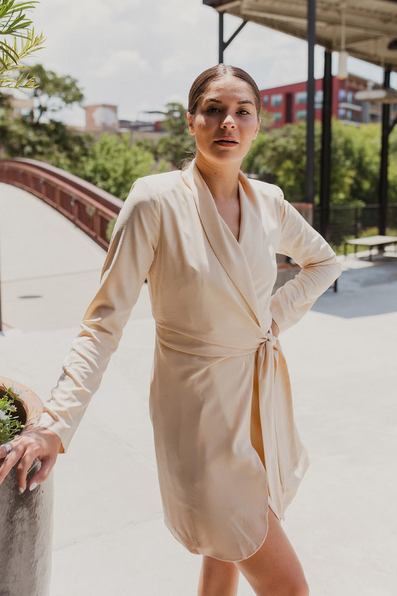 Frontal view of the Means Business Dress that features a cream colored chiffon material, a surplice lapel neckline, a long sleeve, a wrap front with a tie, and a mini length.
