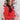 Side view of model wearing the he Holiday Spirit Mock Neck Sweater that has red fabric with open knit details, a mock neckline, dropped shoulders, long sleeves, and ribbed trim.