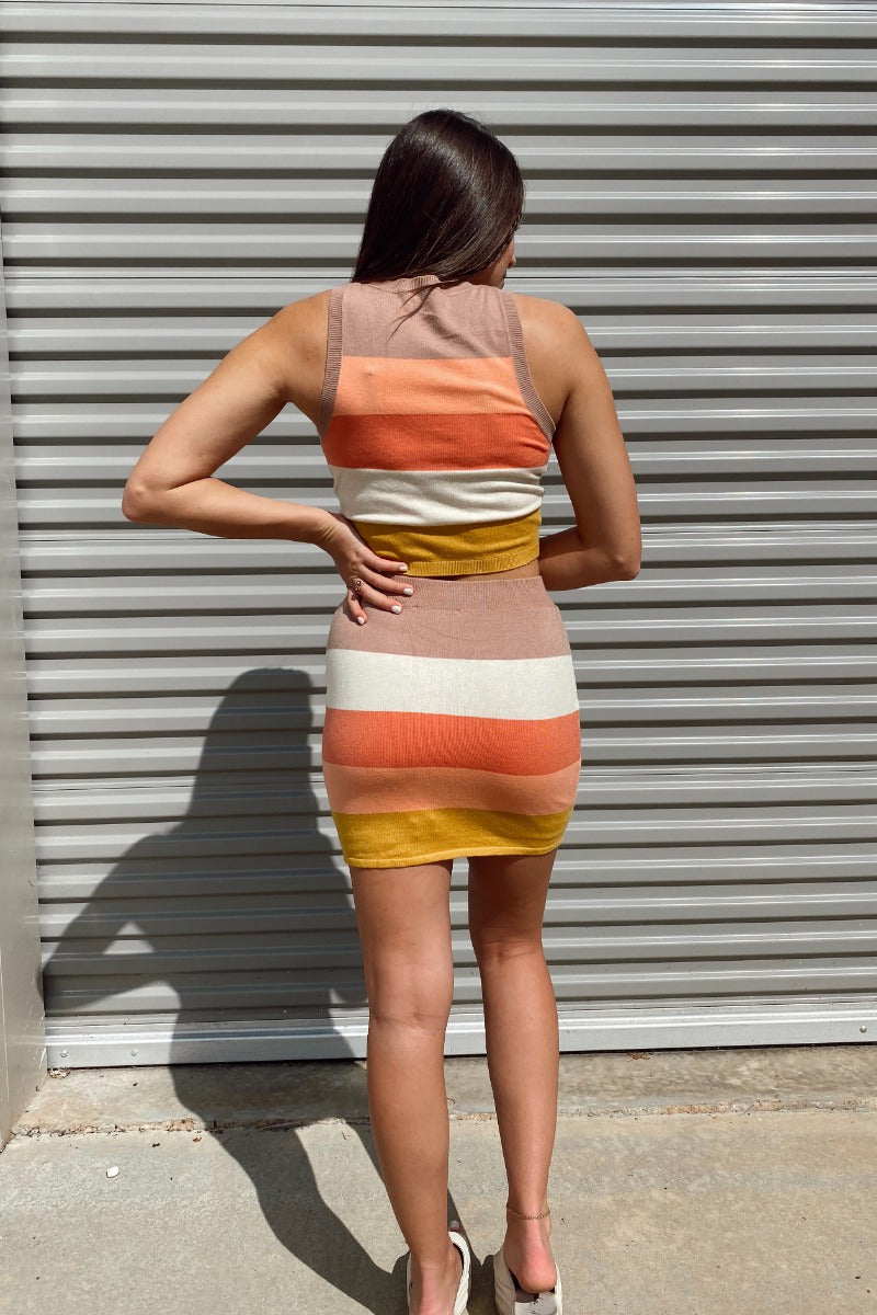 Back view of the Day Dreamer Skirt that features a stretchy knit material, a thick waist band, a multi-colored thick stripe pattern, and a mini length.