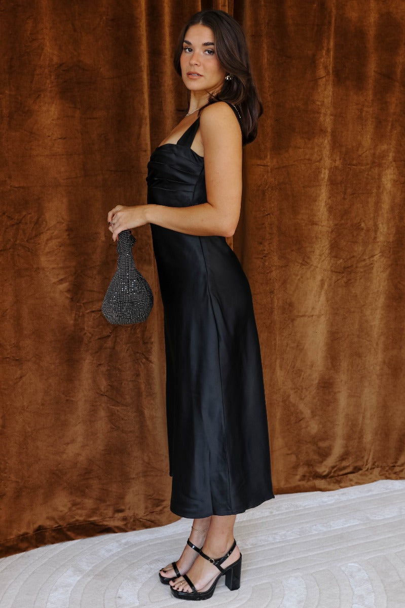 Black Satin Sleeveless Dress Midi Length with Square Neckline - Lizard Thicket Black Satin Sleeveless Dress Midi Length with Square Neckline - Lizard Thicket