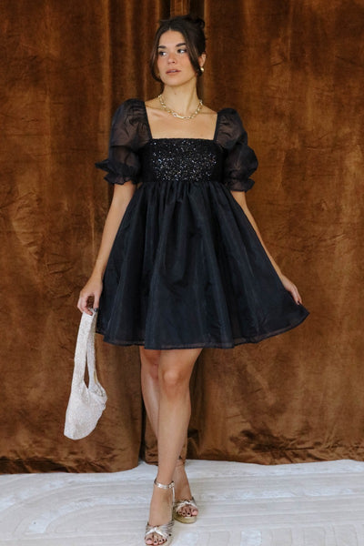 Ariah Black Sequin Puff Sleeve Mini Dress