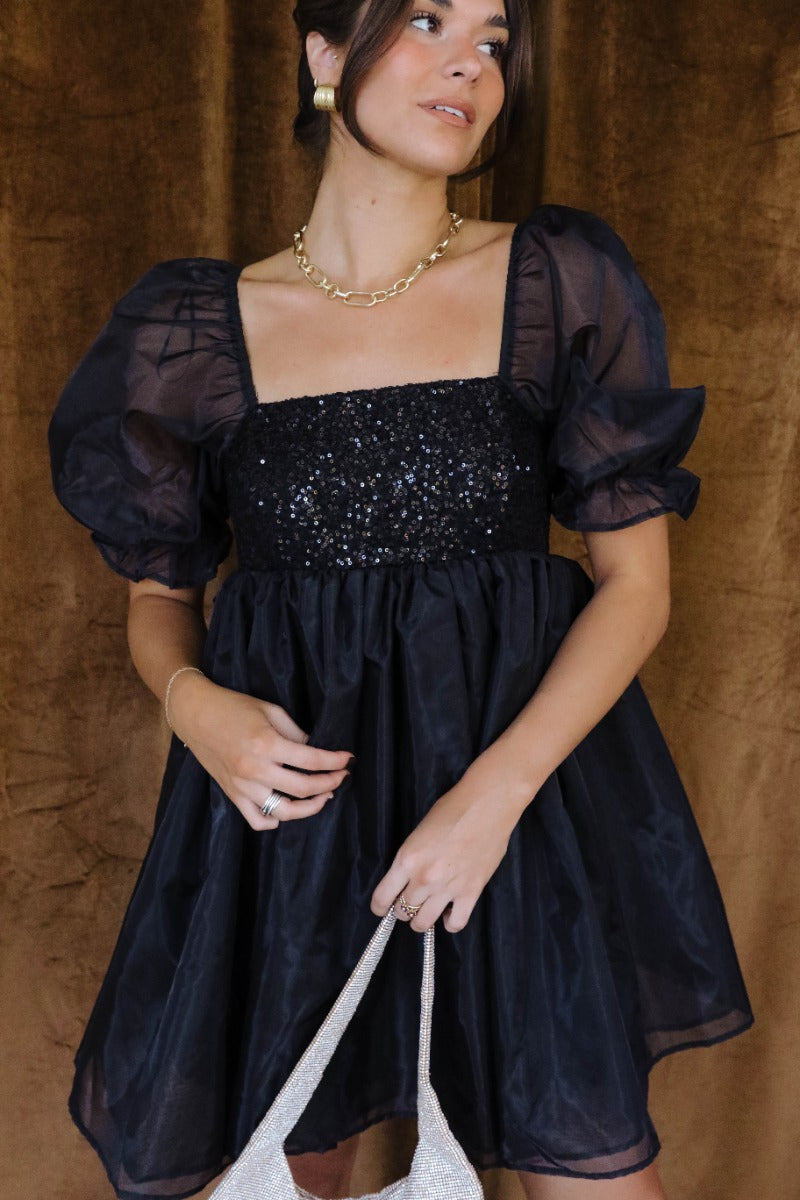 black sequin puff sleeve dress Ariah Black Sequin Puff Sleeve Mini Dress