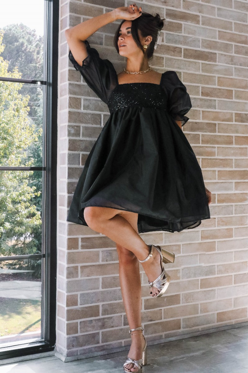 Ariah Black Sequin Puff Sleeve Mini Dress - Lizard Thicket Ariah Black Sequin Puff Sleeve Mini Dress - Lizard Thicket