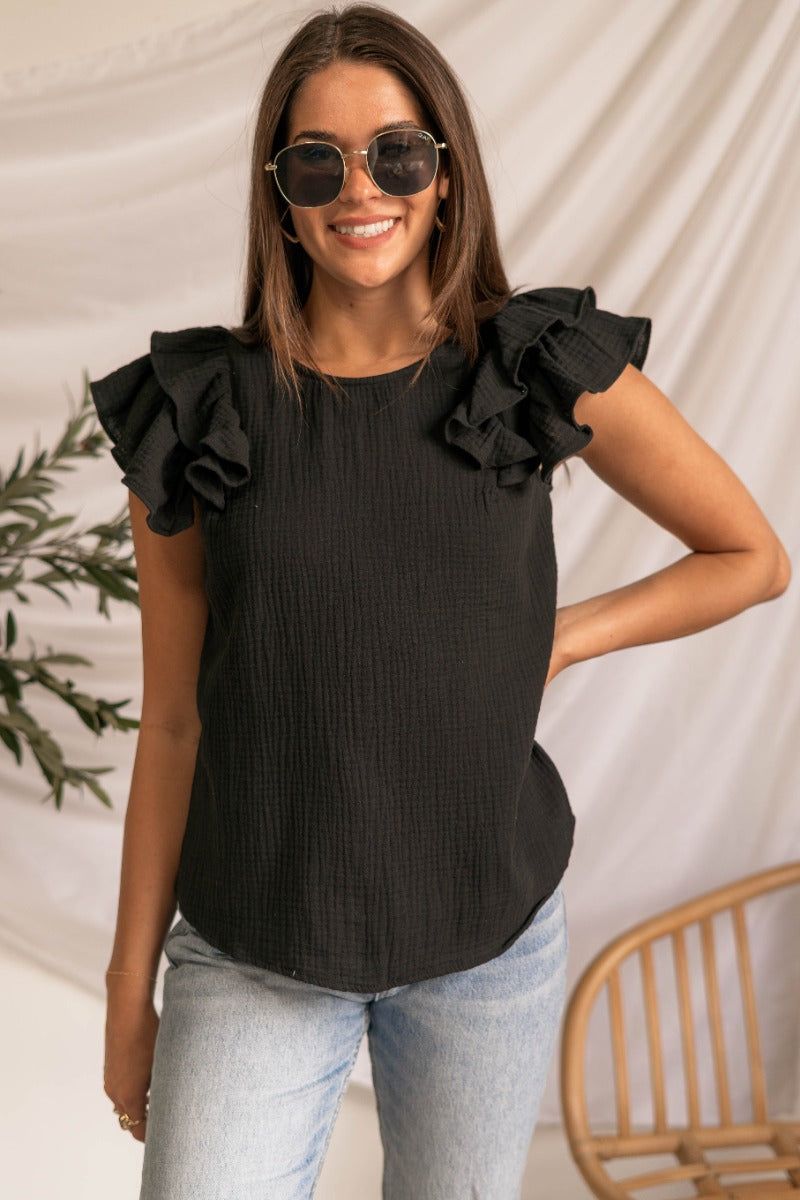 Roll With It Ruffle Top | Black Ruffle Top - Lizard Thicket