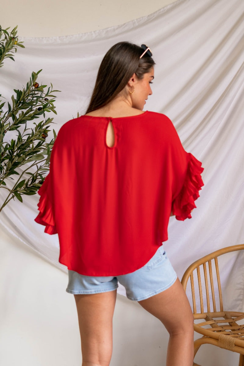 87 SSS {Battle For Love} SALE! Coral Red Ruffle Hem Top EXTENDED