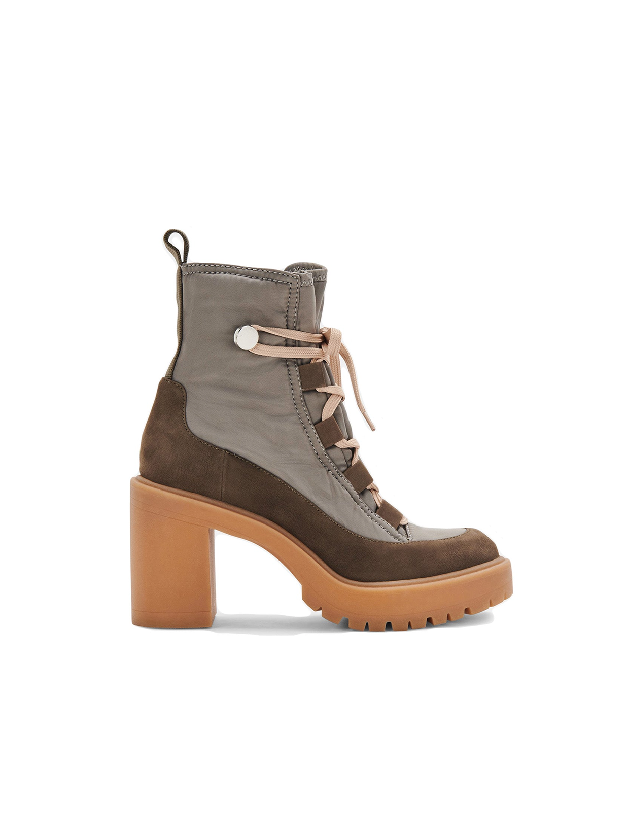 Side view of the Celida Nylon Boot inspired by the combat boot design featuring a thick heel, a lug sole, a pull-tab, and lace up closure.