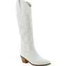 Front angle view of Urson Curve Boot in White. low stacked block wide fit long boot upper western inspired embroider almond toe shape oversized side pull tabs for a pull on design synthetic upper, lining and outsole