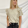 Frontal view of the On A Whim Tee that features a stone t-shirt material, a rounded neckline, a short sleeve, ruff details on the front sides, and a relaxed fit.