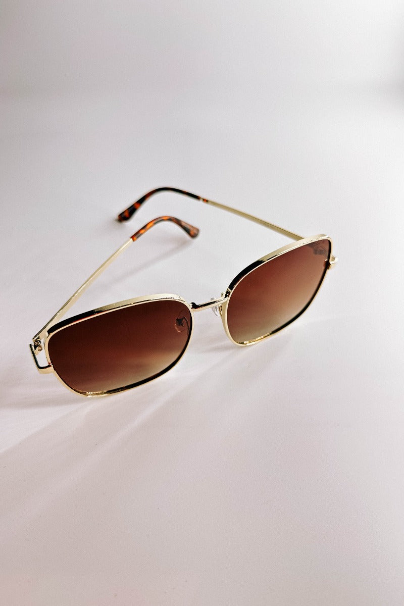Front lay view of the I-Sea: Montana Sunglasses in Gold & Brown which features aviator shaped gold frames with tortoise brown details and brown shades.