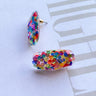 The Live Colorfully Earring is a stud style earring featuring an oval shape with a clear design finished with multi-colored sequins within.