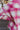 Close-up back view of model wearing the Park City Plaid Shacket, which has a pink and white plaid pattern, a button-up front with tortoise buttons, front chest pockets and corduroy trim. 