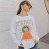 Front view of The Pink Floyd Graphic Tee features white cotton fabric, "PINK FLOYD" graphic with a sun, moon, diamond and triangle symbol " Shine on you crazy diamond" and long sleeves