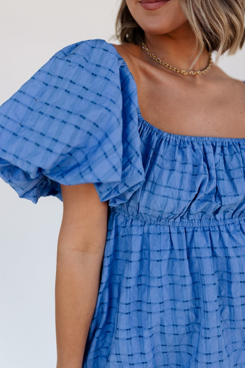 Melanie Blue Plaid Short Sleeve Mini Dress - Lizard Thicket Melanie Blue Plaid Short Sleeve Mini Dress - Lizard Thicket
