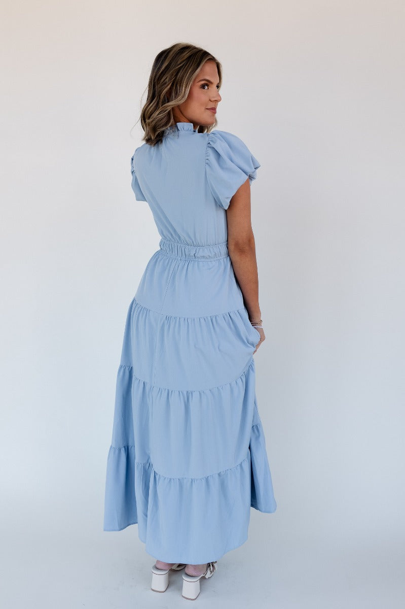 Ellie Light Blue Tiered Short Sleeve Midi Dress