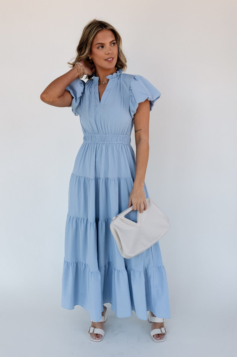 Ellie Light Blue Tiered Short Sleeve Midi Dress - Lizard Thicket Ellie Light Blue Tiered Short Sleeve Midi Dress - Lizard Thicket