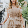 Frontal view of the Tulle Me About It Mini Dress that features a taupe tulle material with a straight neckline, a sleeveless tiered design, a side zipper closure, and a mini length.