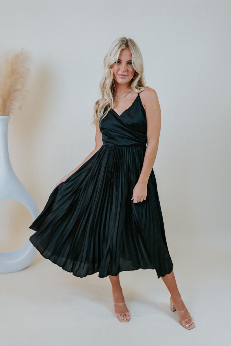Black Silk Pleated Midi Dress – Sleeveless Surplice Midi Dress