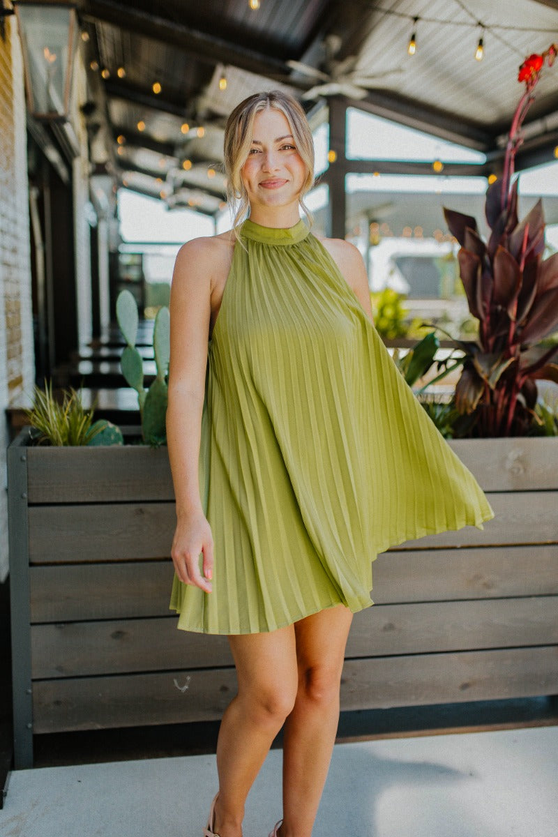 Light Green Pleated Mini Dress Melrose Halter Satin Dress - Lizard Thicket Light Green Pleated Mini Dress Melrose Halter Satin Dress - Lizard Thicket