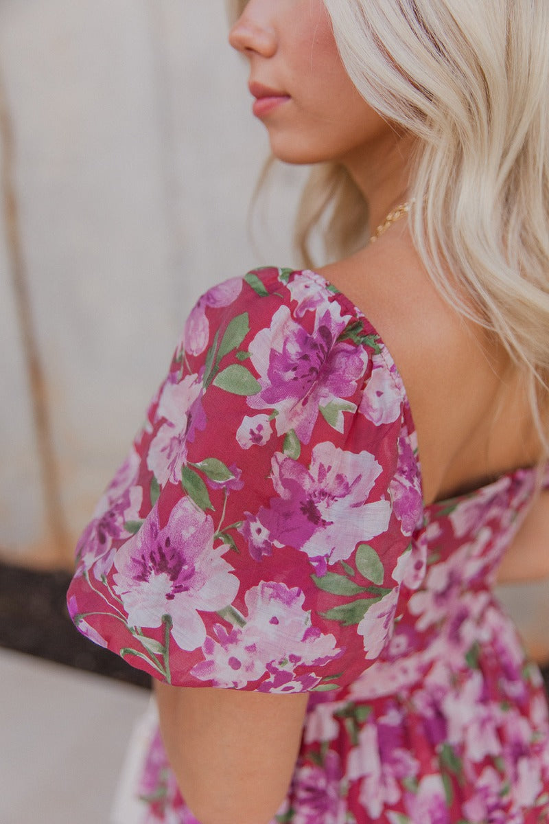 Pink Floral Midi Dress with Ruffle Hem & Puff Sleeves - Lizard Thicket Pink Floral Midi Dress with Ruffle Hem & Puff Sleeves - Lizard Thicket