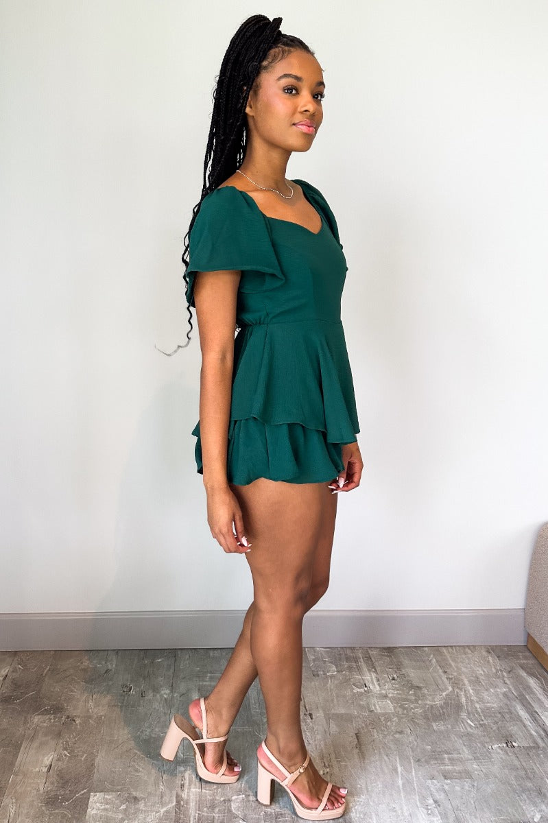Poppy Hunter Green Short Sleeve Ruffle Romper - Lizard Thicket Poppy Hunter Green Short Sleeve Ruffle Romper - Lizard Thicket