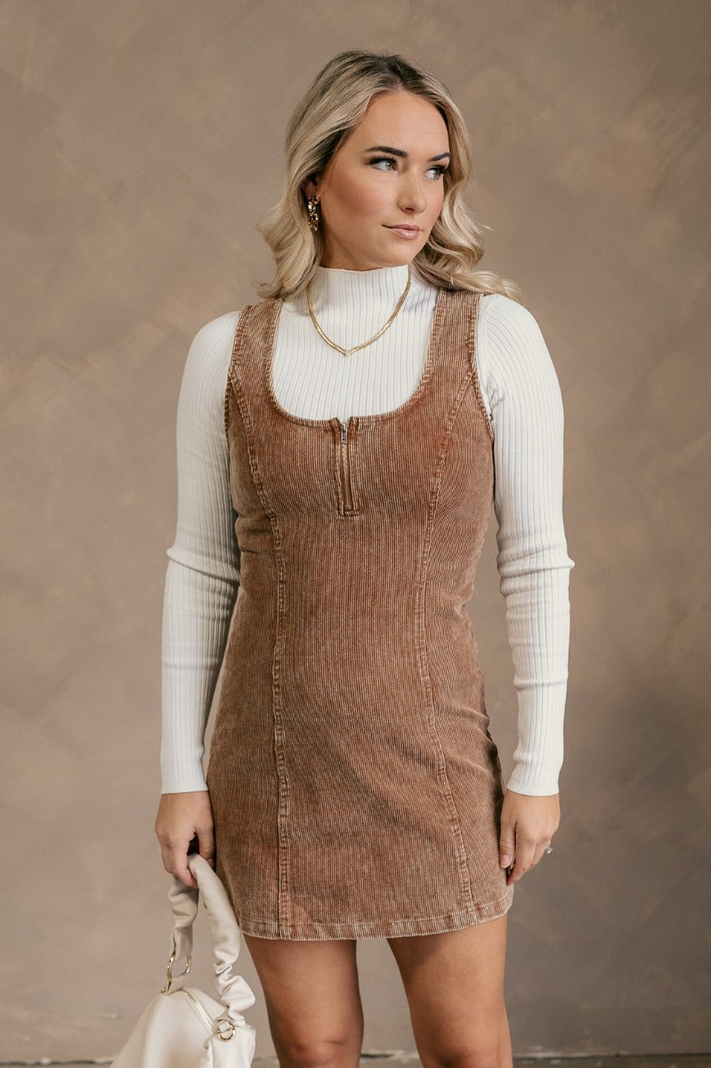 Brown Sleeveless Corduroy Dress Mini Quarter-Zip Square Neck - Lizard Thicket Brown Sleeveless Corduroy Dress Mini Quarter-Zip Square Neck - Lizard Thicket