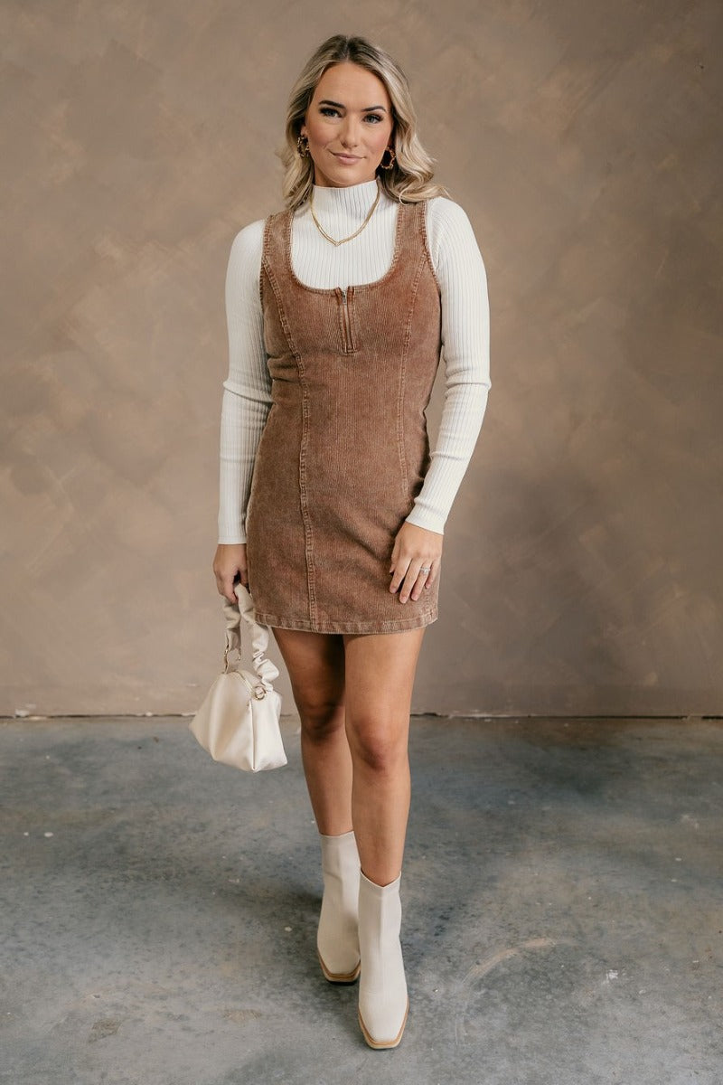 Brown Sleeveless Corduroy Dress Mini Quarter-Zip Square Neck - Lizard Thicket Brown Sleeveless Corduroy Dress Mini Quarter-Zip Square Neck - Lizard Thicket