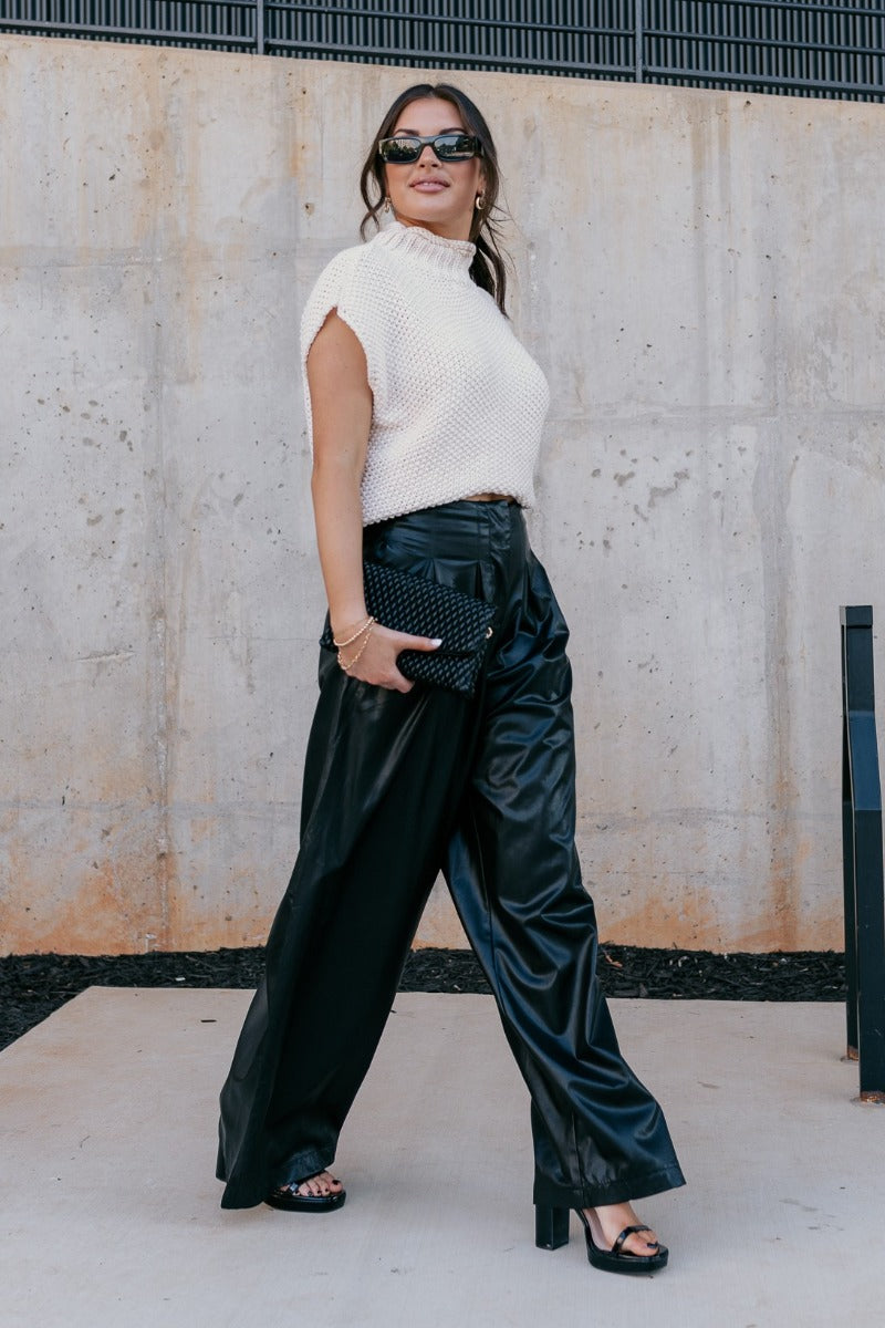 Black Leather Wide Leg Pants Outfit Malia Black Faux-Leather Wide