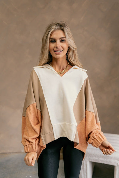Neutral Color Block Sweatshirt – Taupe, Cream & Salmon Pullover