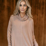 Front view of model wearing The Luca Mocha Turtleneck Top features mocha knit fabric, high neckline, textured details and long sleeves.